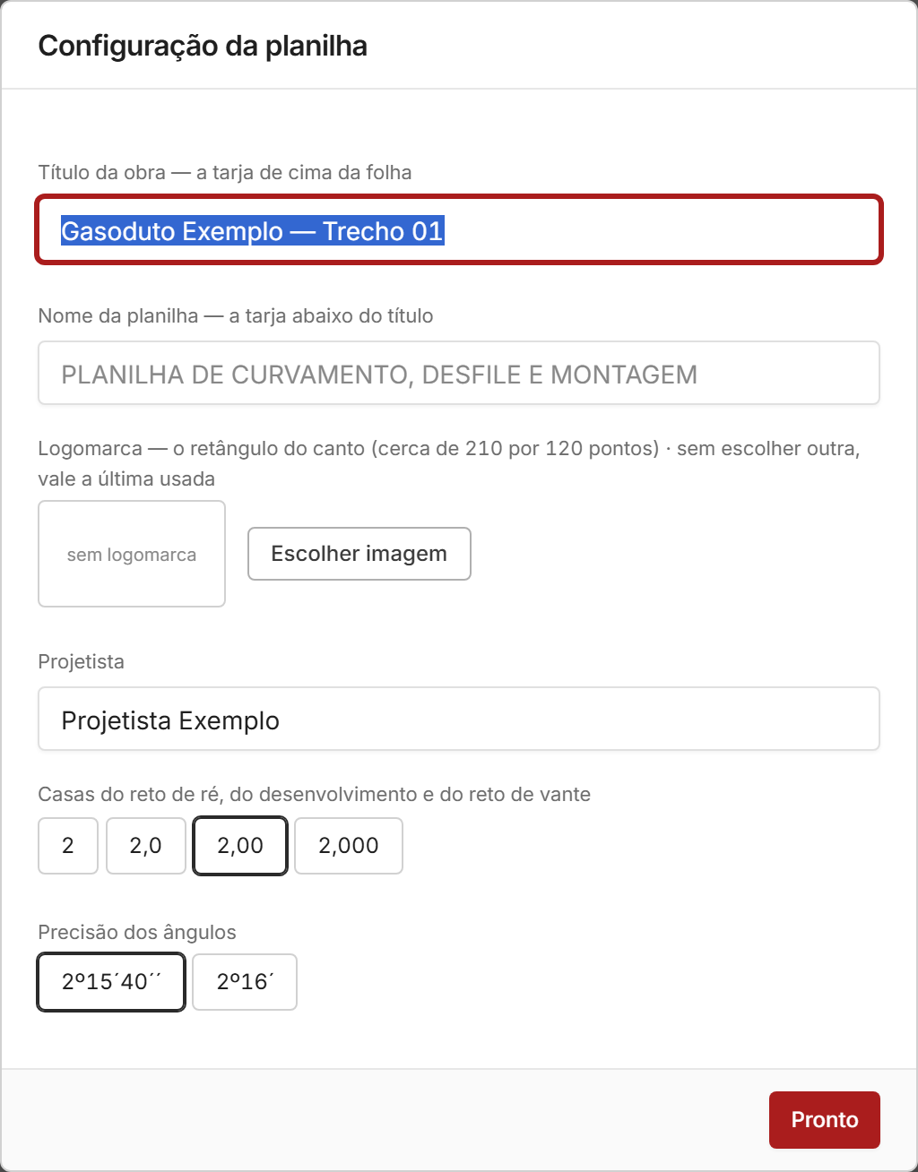 A configuração da planilha