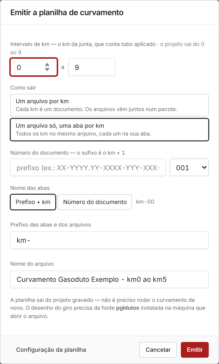 A emissão da planilha